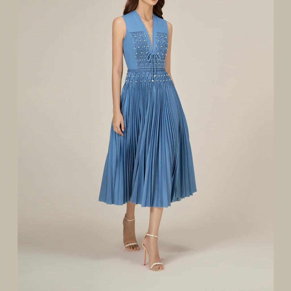 LINDA | Blue Denim Midi Pleated Dress - Cielie